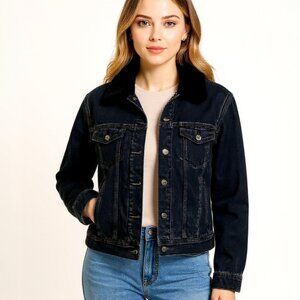 Old Navy Boyfriend Jean Jacket Black Denim Metal Button Sherpa Lined Women Sz Lg